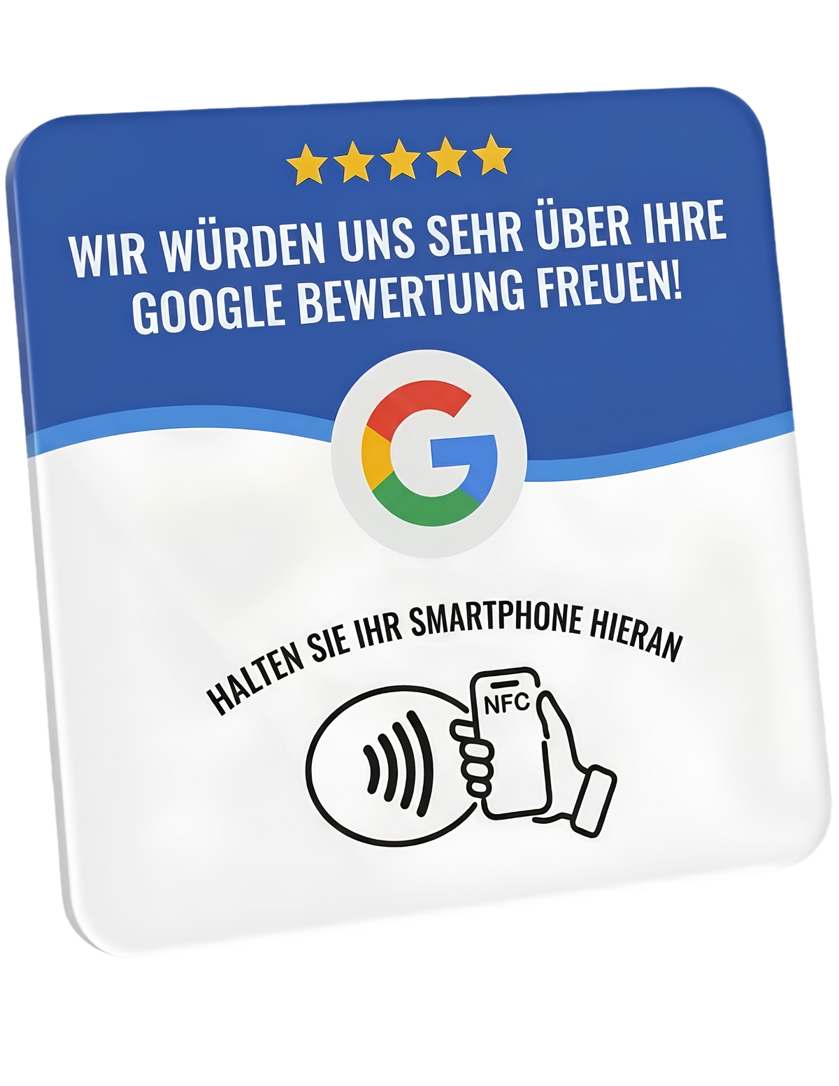 NFC-Karte mit fünf Sternen, Google-Logo und dem Hinweis, das Smartphone anzuhalten