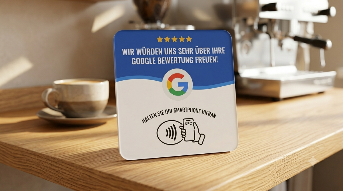 Anwendungsbeispiel: NFC-Plakette steht auf einem holzernen Cafetresen neben einer Kaffeetasse