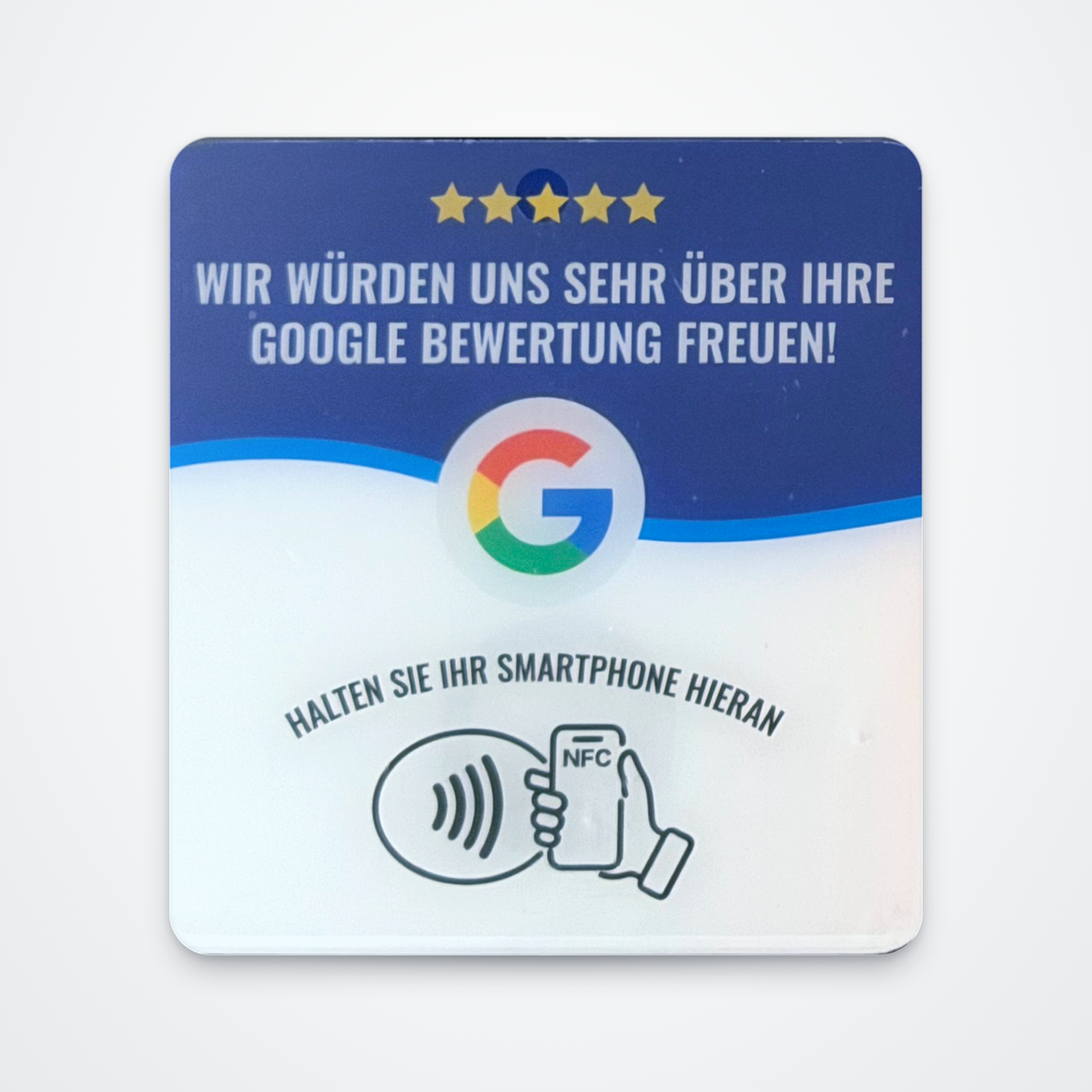 Einzelne NFC-Bewertungskarte aus Acryl, 12 x 12 Zentimeter, mit Google-Logo, fünf Sternen und NFC-Symbol